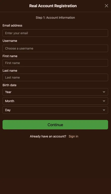 Cocoa Casino registration step one - account info form